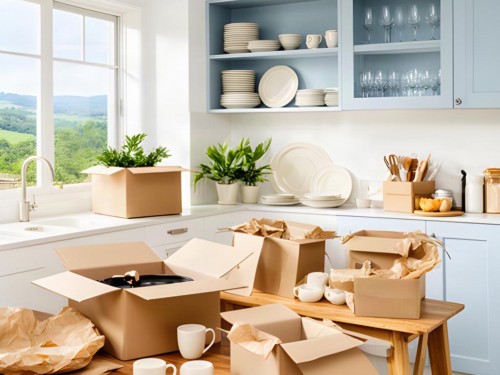 New Tablelands home kitchen with everyday dishes unpacked and arranged beside open moving cartons