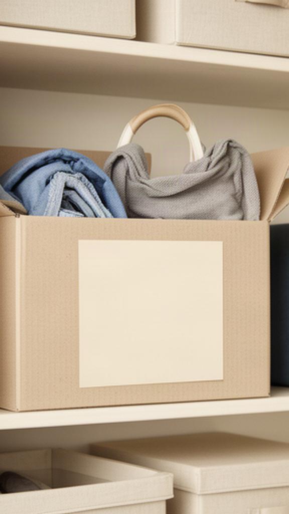 Open labelled box set aside on a shelf for household items that need a later decision