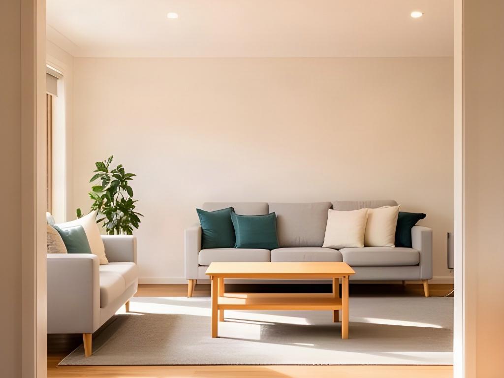 Family room arranged with clear walkways and a small selection of furniture before an open home