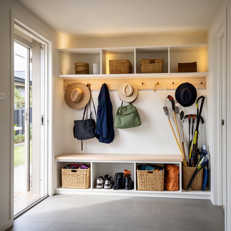 Mudroom storage with labelled baskets for hats, bags and outdoor equipment near the home entrance
