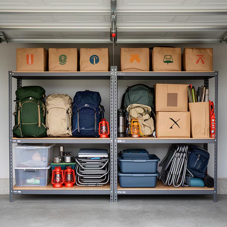 Outdoor and camping equipment grouped on garage shelves with seasonal items clearly marked for storage