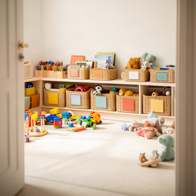 Children’s playroom with toys sorted into reachable labelled baskets and a clear floor for play