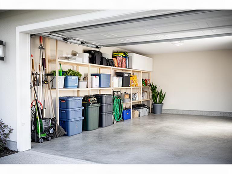 Garage storage organised into clear zones, with household equipment stored neatly along one wall