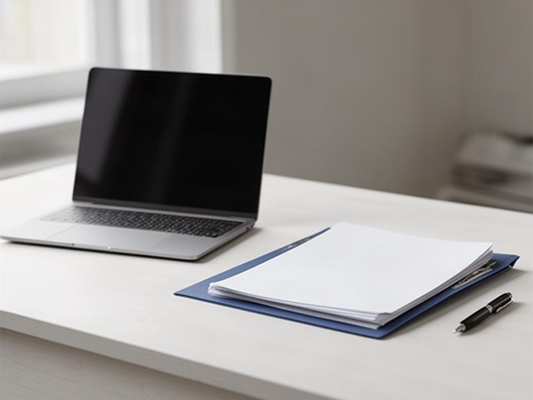 Simple home office desk with a closed laptop and an orderly paper file