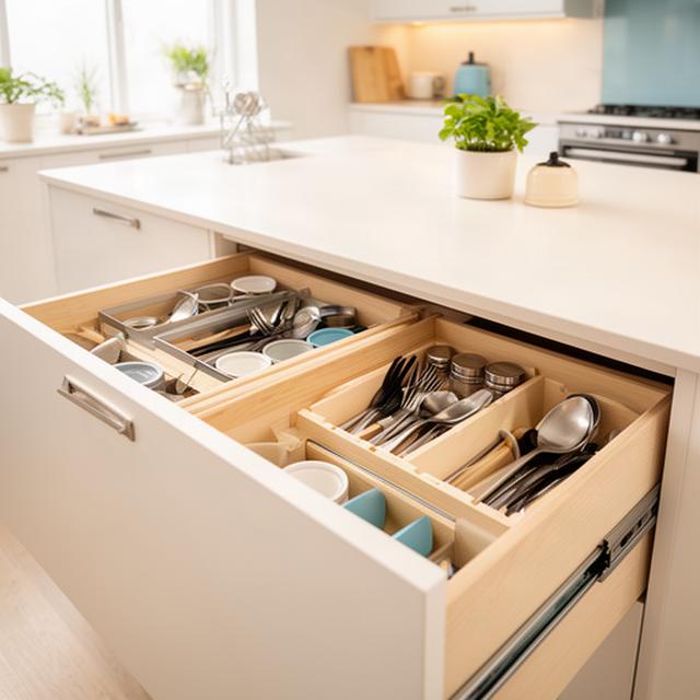 Kitchen storage consultation showing organised drawers and a clear preparation surface