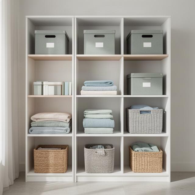 Neatly labelled storage boxes on shelves in a calm, naturally lit home