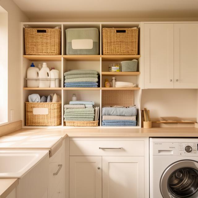 Tidy family laundry with labelled baskets and folded towels on open shelving