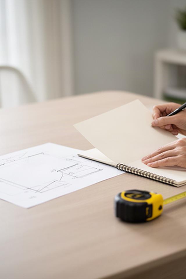 Home organisation consultation at a dining table in Atherton, with a notebook and room measurements
