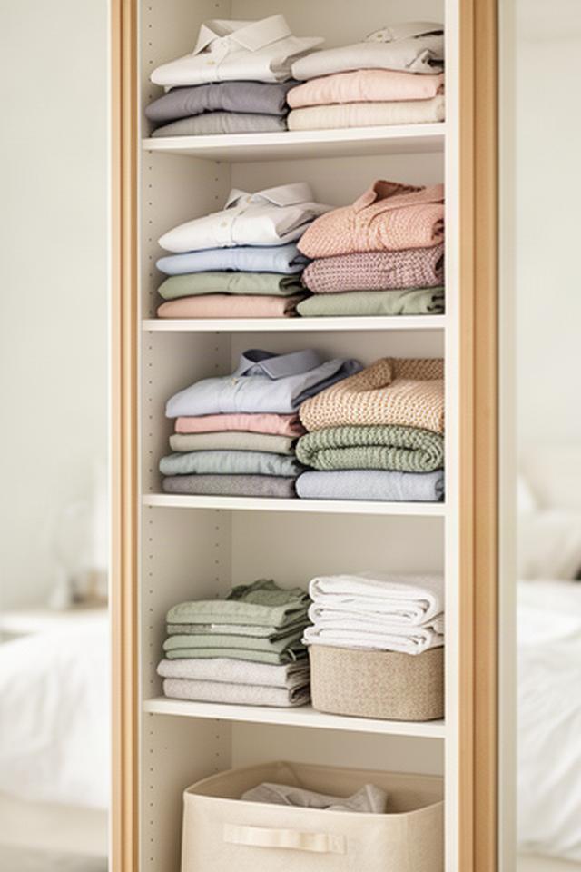 Private wardrobe organisation in a bright bedroom, with folded clothing stored on open shelves
