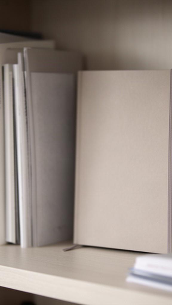 Closed notebook and neatly stored household papers on a shelf in a private home