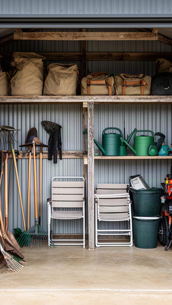 Regional home shed with garden tools, outdoor equipment and seasonal gear stored in distinct zones