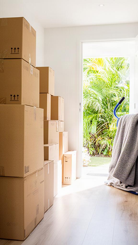 Neatly grouped removal cartons ready at the doorway of a Queensland home before the moving truck arrives