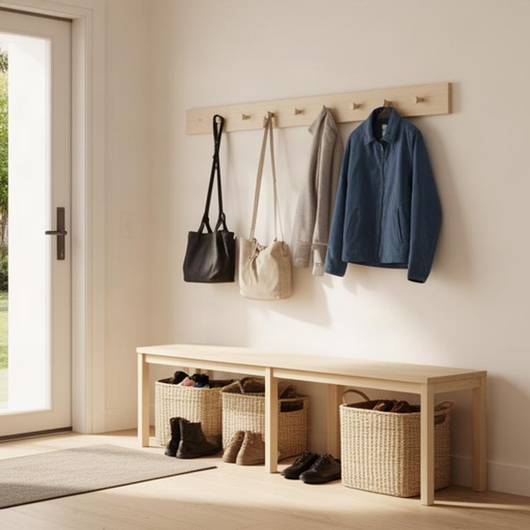 Rental-friendly entry storage using a freestanding bench, baskets and removable hooks