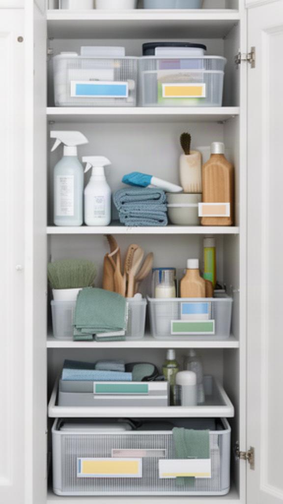 Organised hallway cupboard with labelled shelves for cleaning items in a rental property
