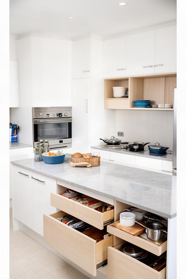 Neatly cleared rental kitchen bench with organised drawers and cupboards ready for an inspection