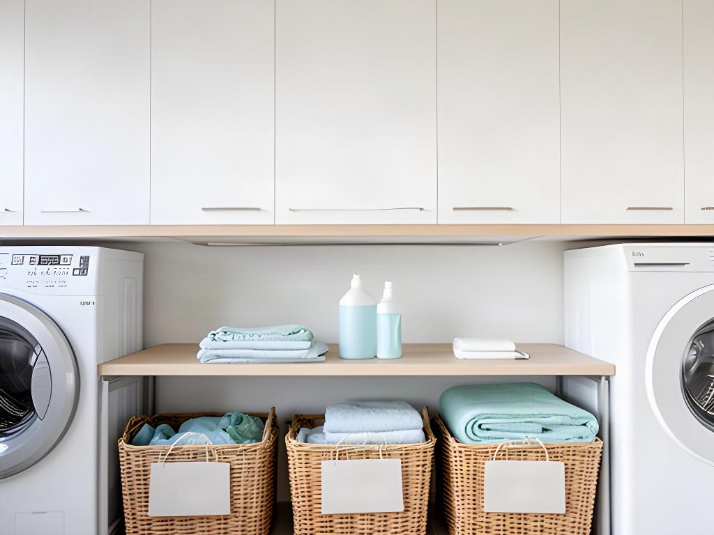 Clean, organised laundry with sorted baskets and clear bench space in a Queensland rental home