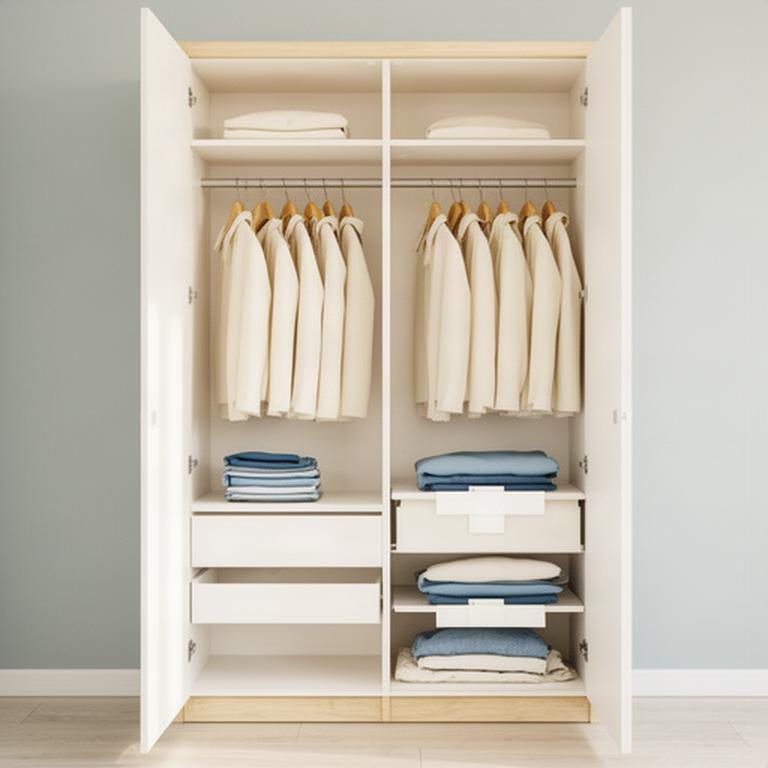 Open built-in wardrobe with neatly spaced hangers and folded clothing ready for a rental inspection
