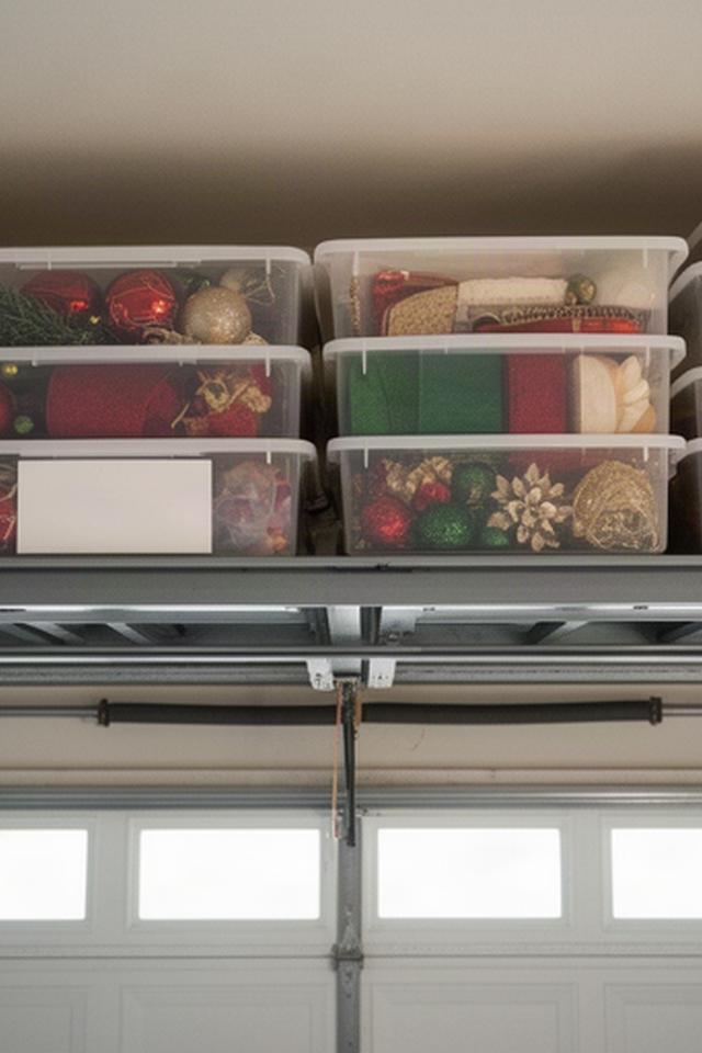 Seasonal decorations packed in labelled, lidded containers on a high garage shelf