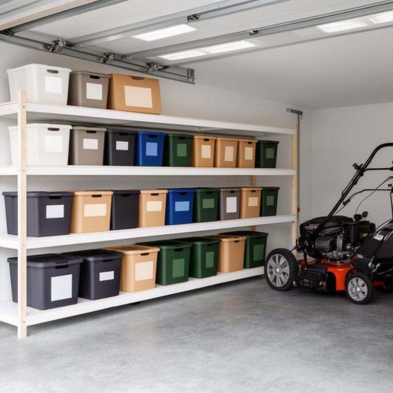 Garage shelf with labelled containers for seasonal household supplies and clear space for larger equipment