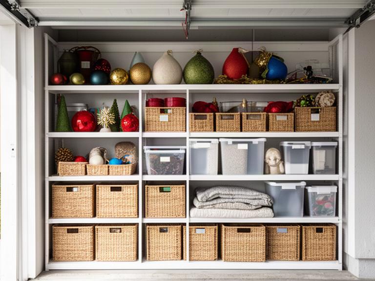 Stackable baskets and labelled shelves making seasonal decorations easy to find in a garage cupboard
