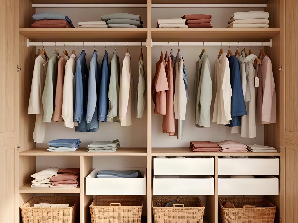 Shared family wardrobe organised with reachable clothing rails, separated baskets and clearly defined spaces
