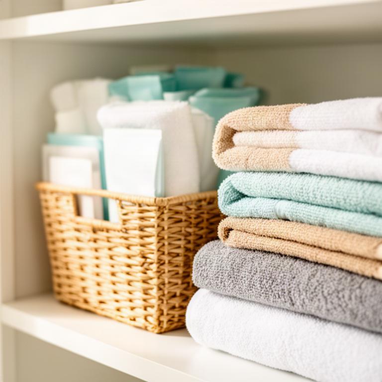 Short-stay guest supplies grouped in labelled baskets on a shelf beside neatly folded towels