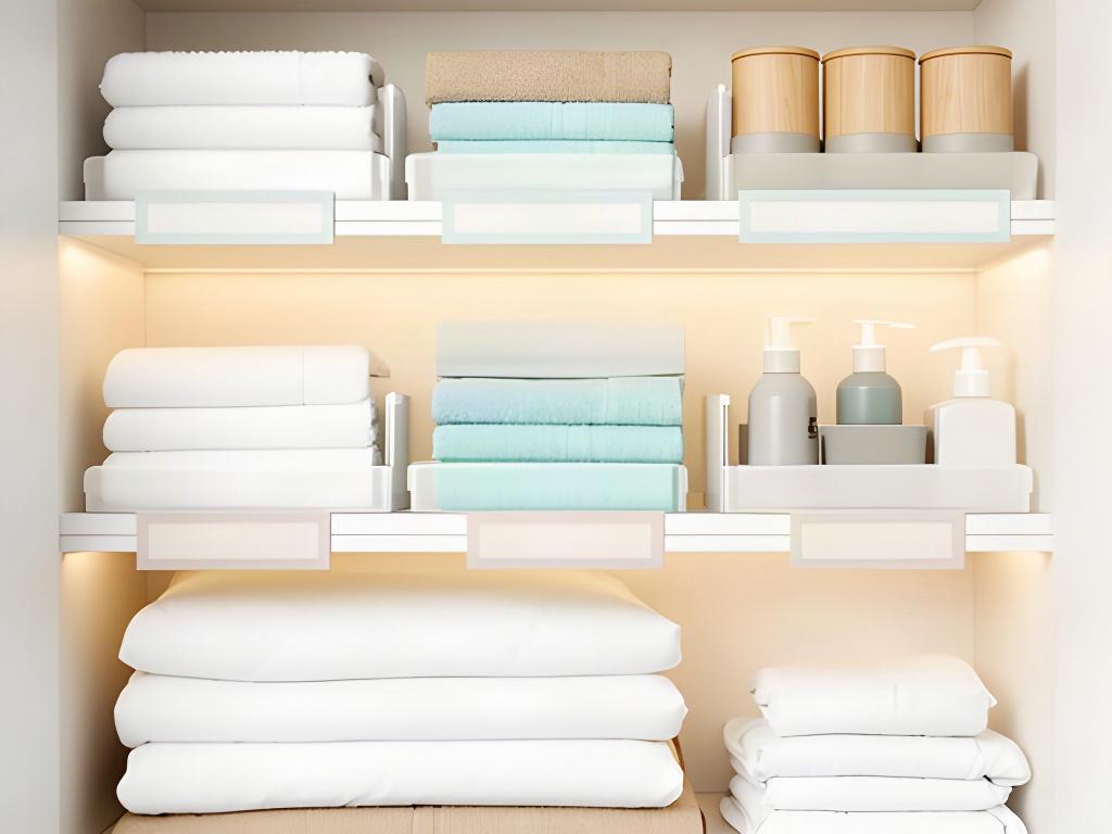 Short-stay rental linen cupboard with labelled shelves for towels, sheets and guest supplies
