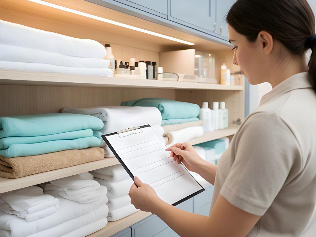 Property manager reviewing a labelled linen and supply checklist beside an organised short-stay cupboard