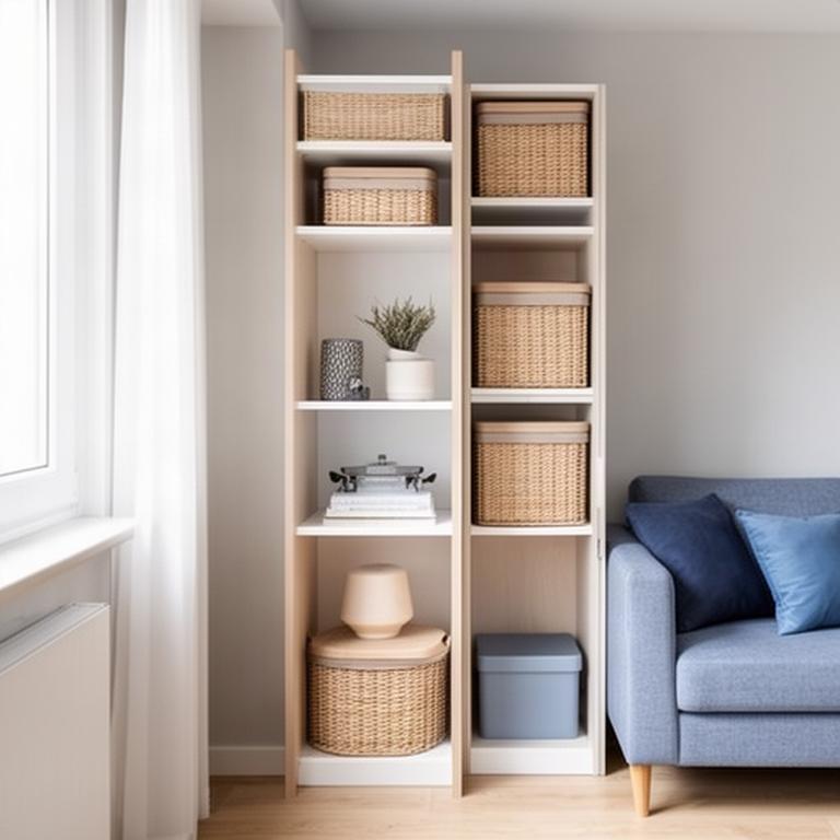 Compact apartment storage using a narrow shelving unit and lidded baskets beside a living area