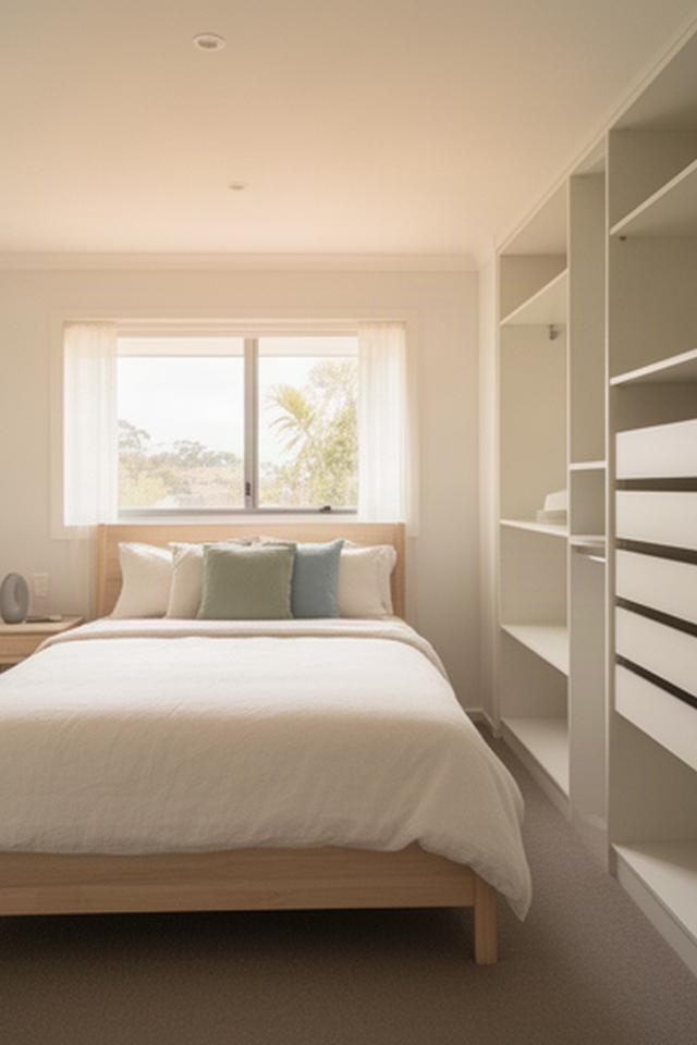 Neatly arranged spare room with clear wardrobe shelves and simple bedding for rental listing photos