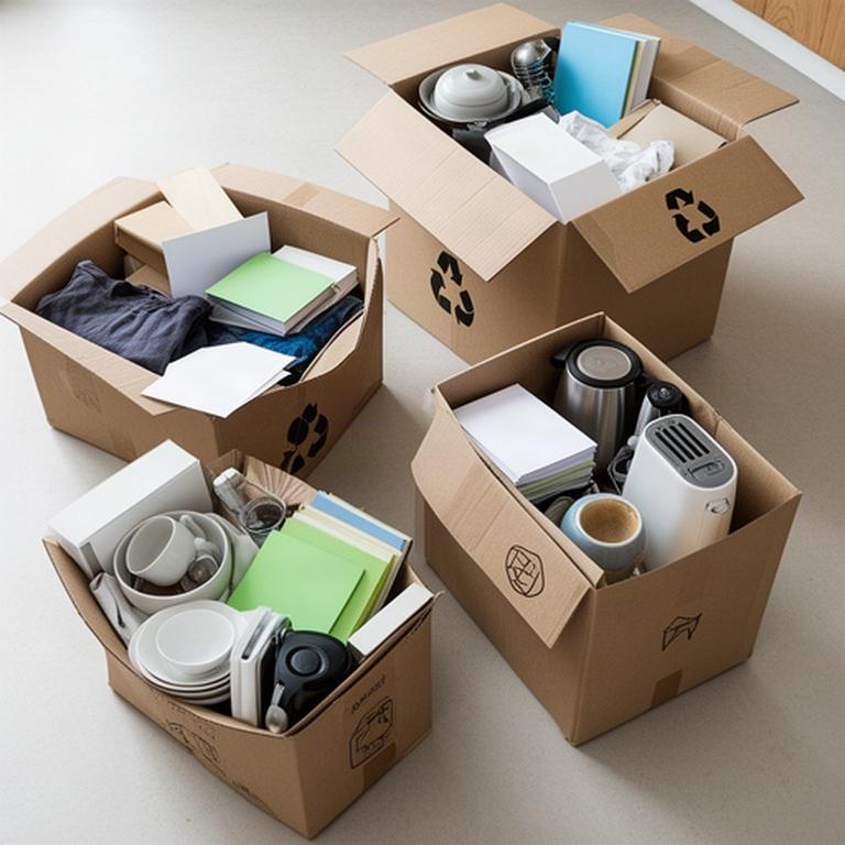 Household items sorted into sturdy boxes for donation, recycling and items to keep