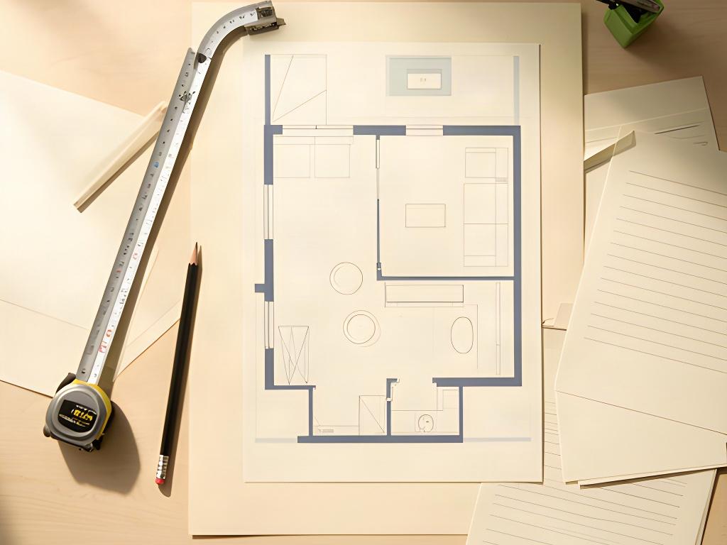 Simple measured floor plan beside a tape measure and notes for arranging furniture in a smaller Tablelands home