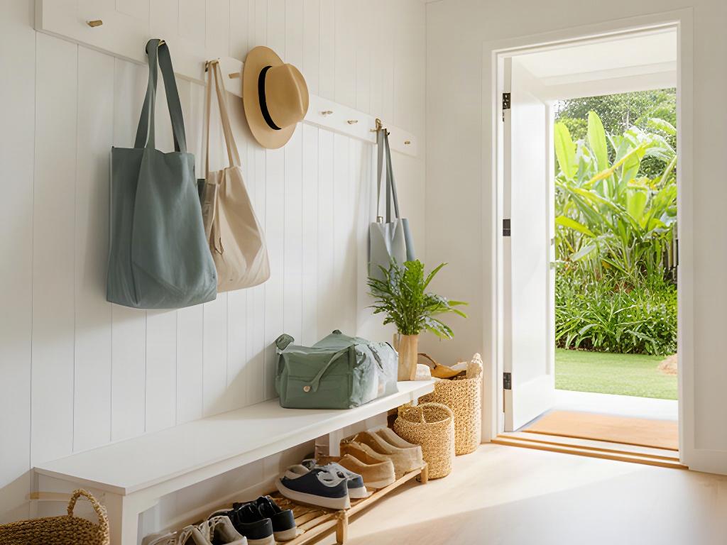 Bright entryway in a Tablelands home with shoes and daily essentials organised beside the front door