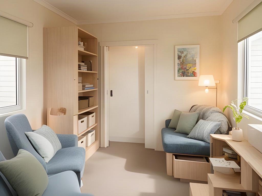 Compact retirement unit living room with carefully placed furniture and open access to storage