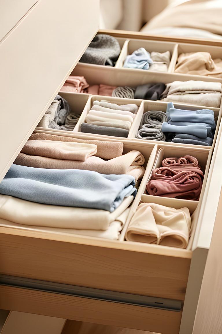 Bedroom drawers organised with folded clothing and small dividers