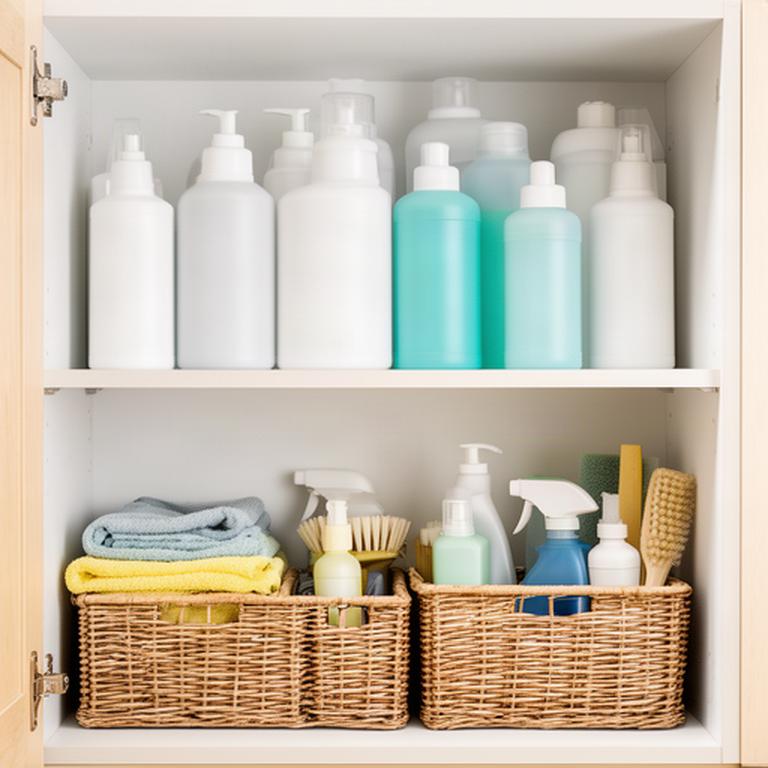 A household cleaning cupboard with bottles grouped safely on shelves and supplies in baskets