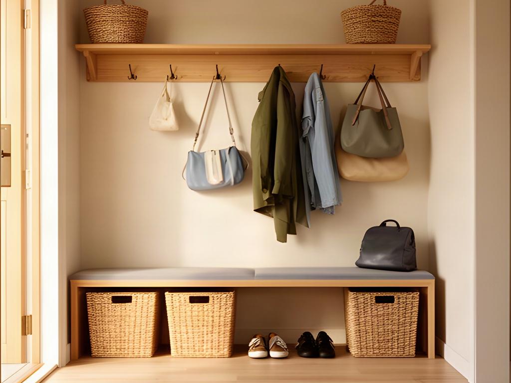 An orderly entryway with baskets and hooks for bags, shoes and daily essentials