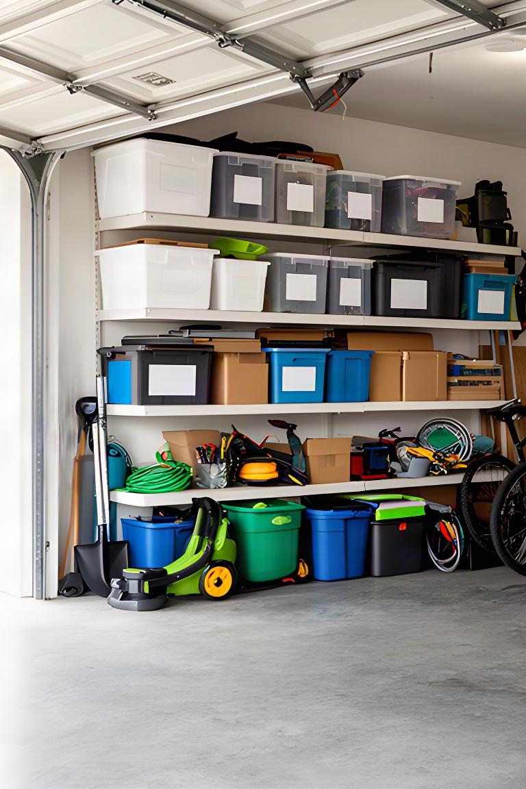 Garage shelving holding labelled tubs, sports gear and household tools in a well-kept home