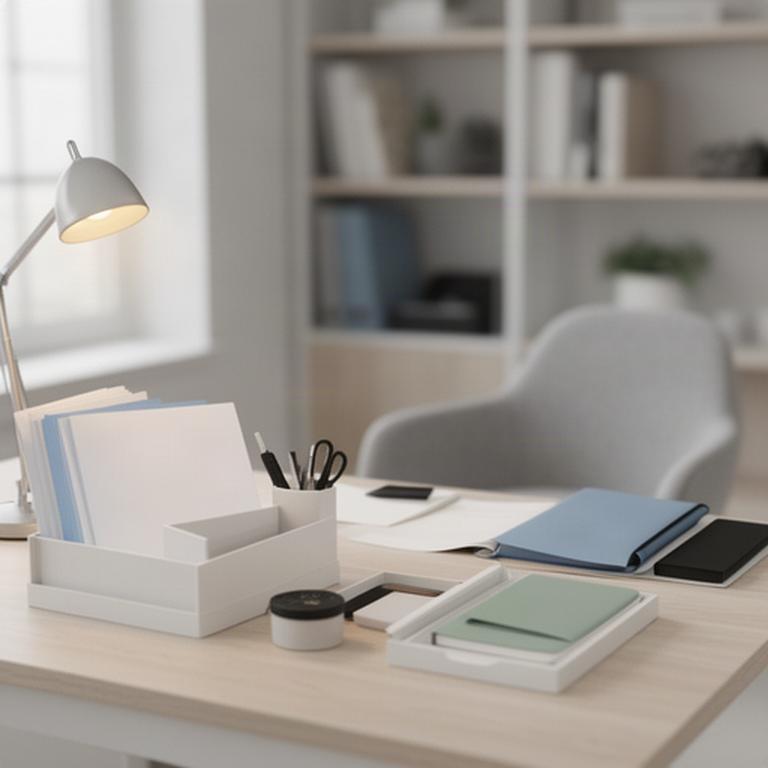 A home office desk with papers sorted into trays and supplies stored within reach
