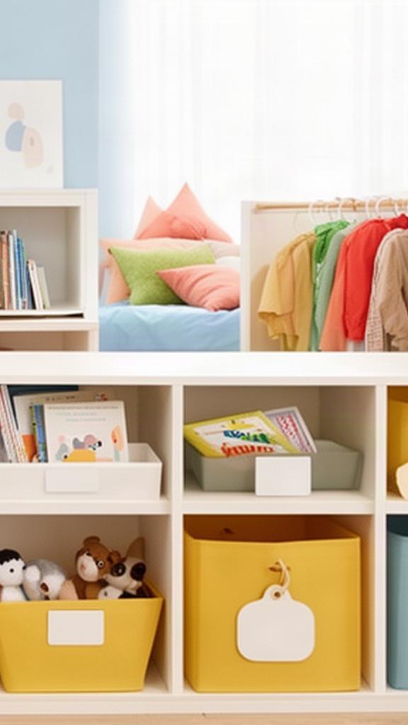 A child's room with books, toys and clothing arranged in accessible labelled storage