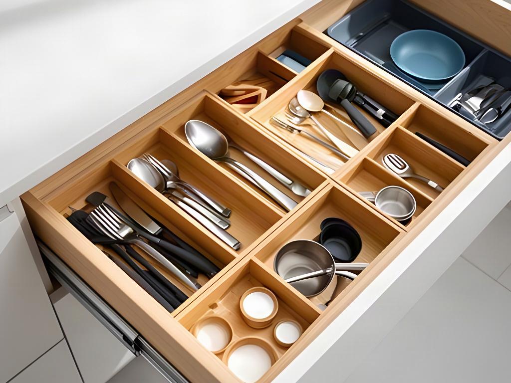 Kitchen drawers separated into practical compartments for cutlery and cooking tools