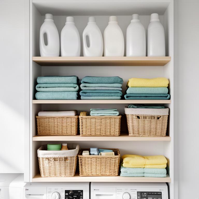 Laundry shelves holding folded cloths, detergent and neatly grouped household supplies