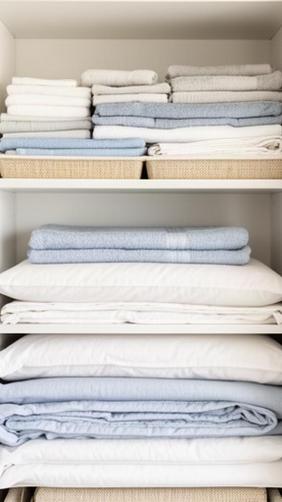 Fresh towels and bedding stacked neatly inside a bright linen cupboard