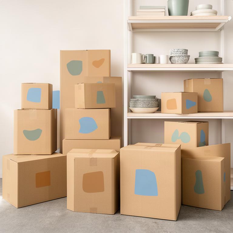 Moving boxes sorted by room beside an organised shelf in a Queensland home