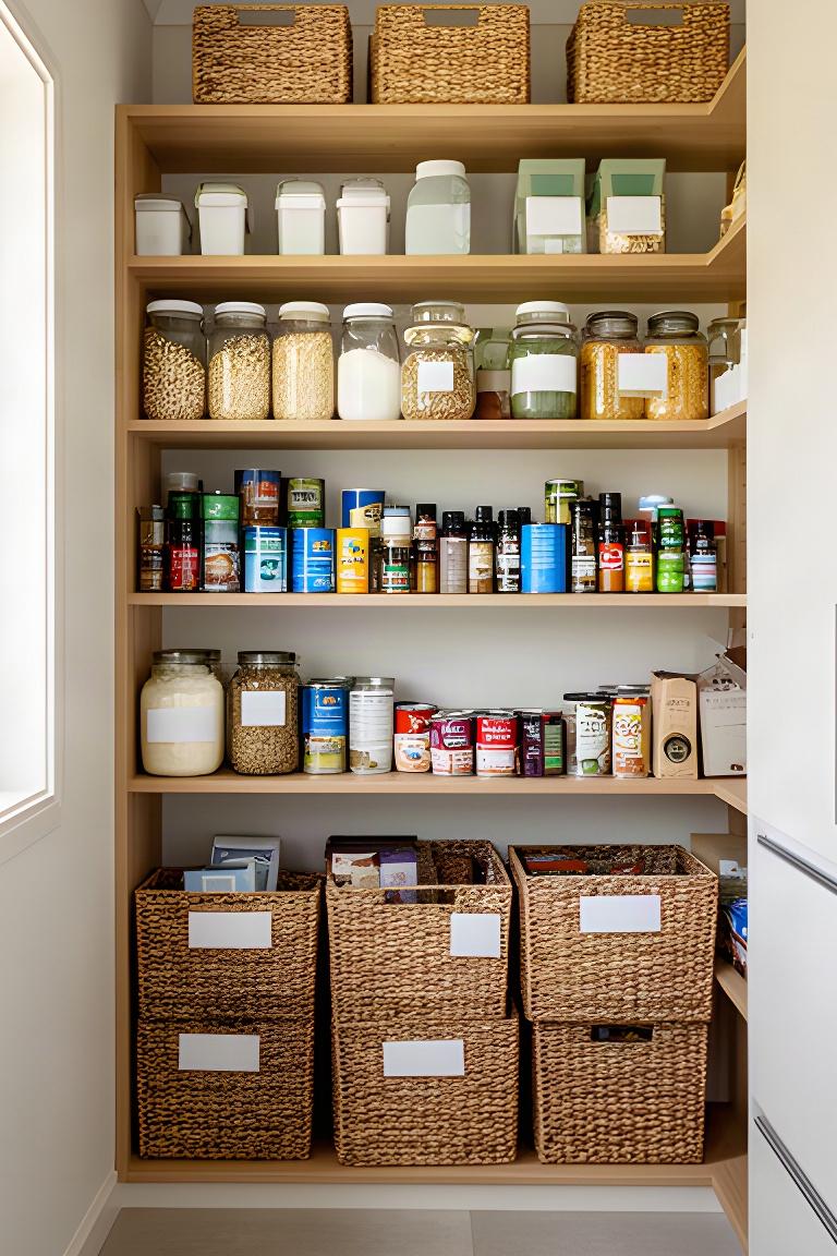 Neatly arranged pantry shelves with labelled baskets and everyday ingredients in an Atherton home