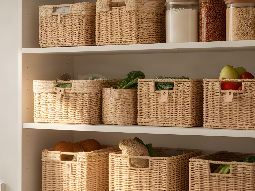 Woven pantry baskets grouped by use on clean, open kitchen shelving