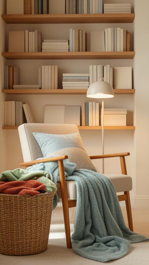 A quiet reading nook with books arranged on shelves and a basket for blankets