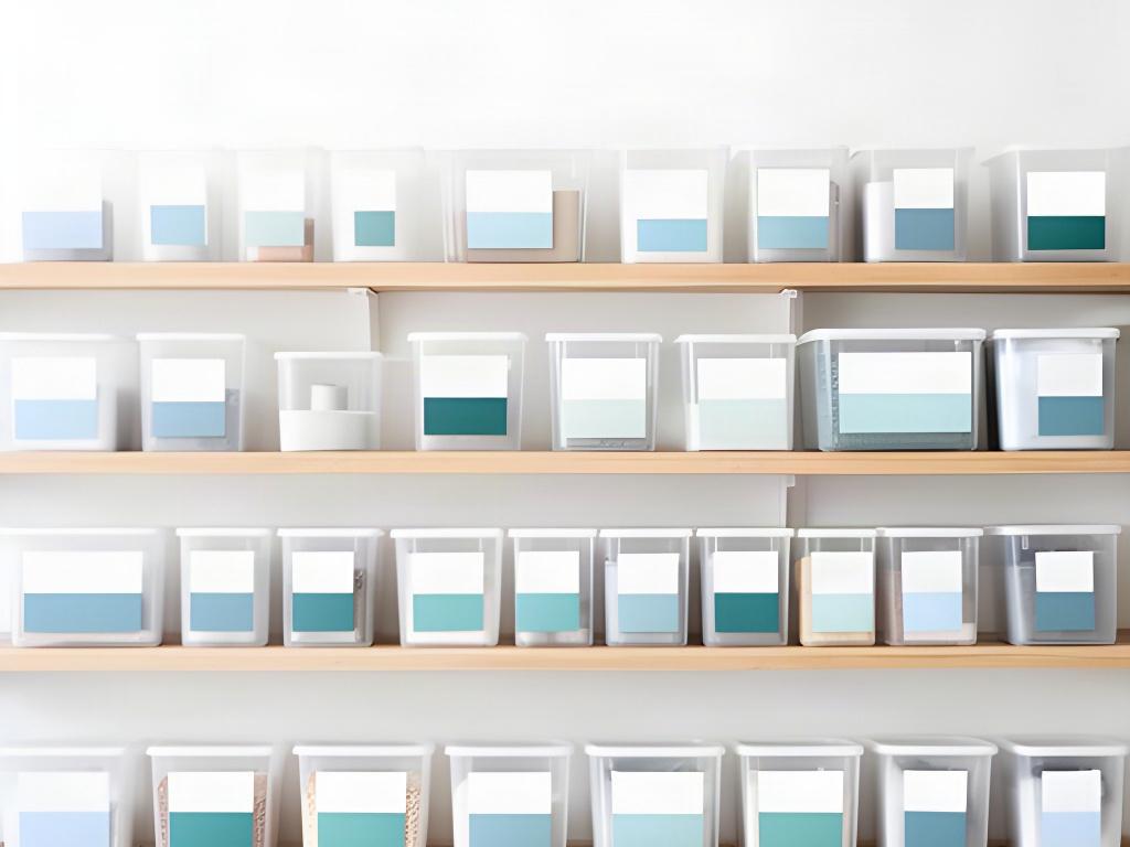Clearly labelled storage containers arranged on shelves in a bright household utility space