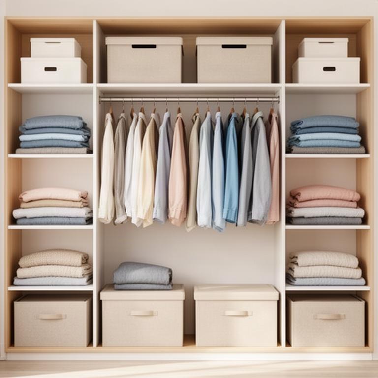 A tidy wardrobe with folded clothing, hanging garments and storage boxes arranged on open shelves
