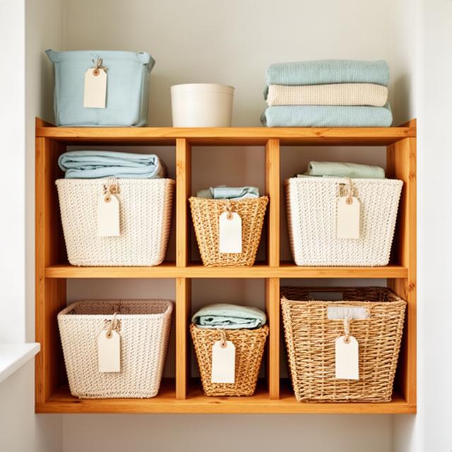 Labels and woven baskets arranged on existing timber shelves in a bright home storage nook